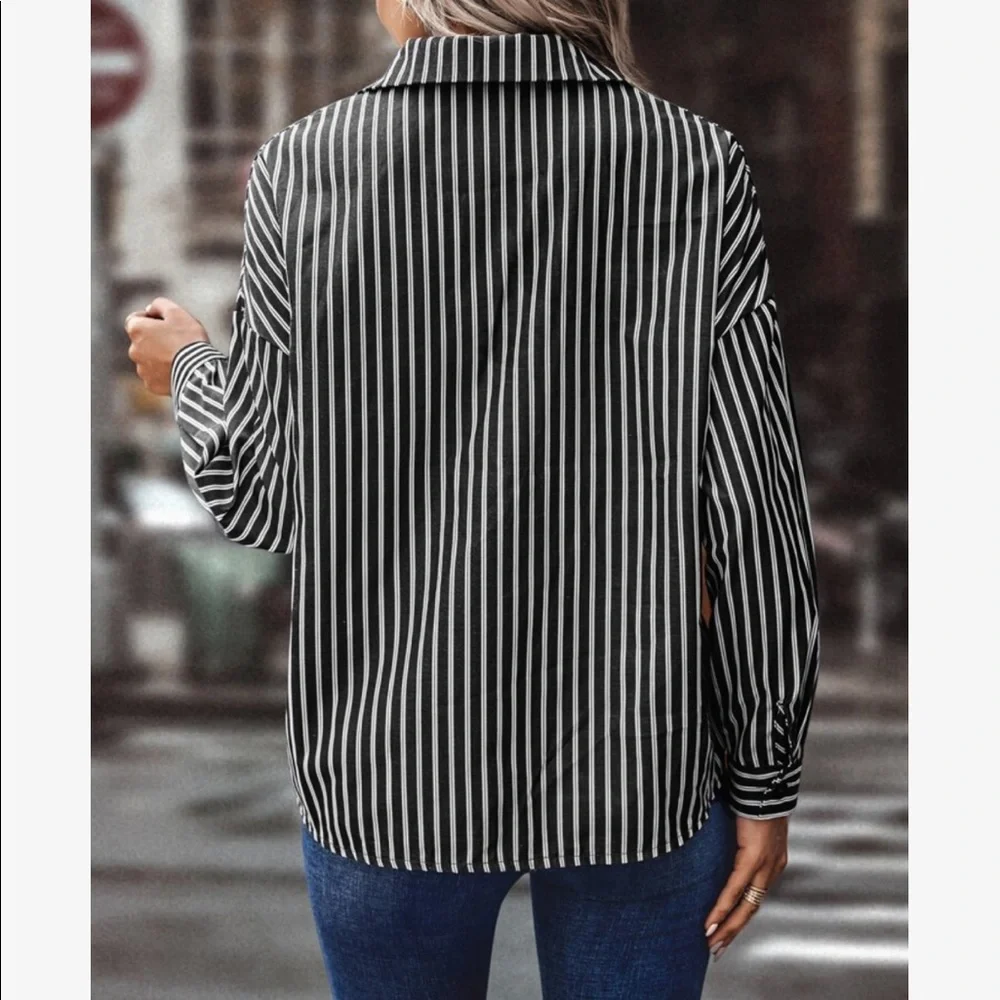 Classy Elegant Oversized Stripe Button Down Top Blouse Shirt - Picture 4 of 6